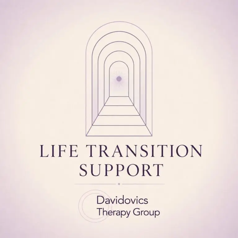 A pale purple logo depicts an arched tunnel graphic above the text "LIFE TRANSITION SUPPORT" and "Davidovics Therapy Group".