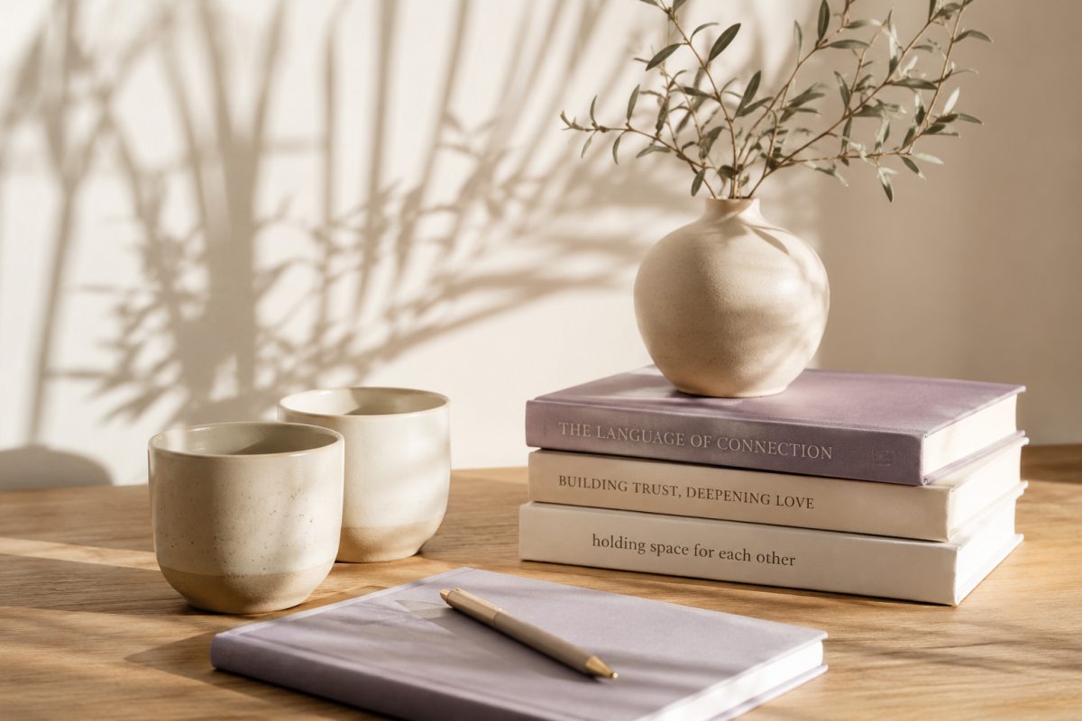 A wooden table holds a small round vase with branches, a stack of books, two ceramic cups, and a closed notebook with a pen.