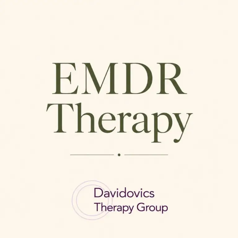 Large green text reading "EMDR Therapy" appears above a smaller purple "Davidovics Therapy Group" logo on a cream background.
