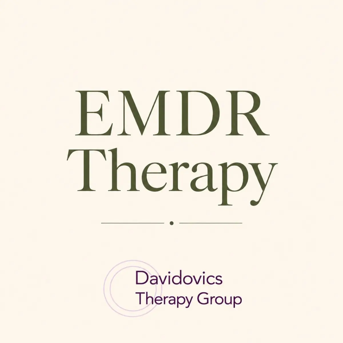Large green text reading "EMDR Therapy" appears above a smaller purple "Davidovics Therapy Group" logo on a cream background.